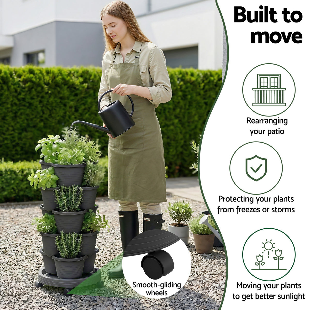 Green Fingers 5 Tier Vertical Garden Planter, Stackable Planters with 4 Wheels, Black, Raised Garden Bed, Garden Tower Indoor Outdoor, Auto Drainage System, for Strawberries, Herbs, Flower, Vegetables