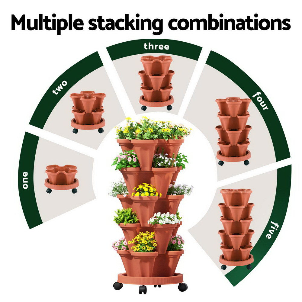 Green Fingers Raised Garden Bed 5 Tier Vertical Garden Brick Red Strawberry Stackable Planters Herbs Petunias