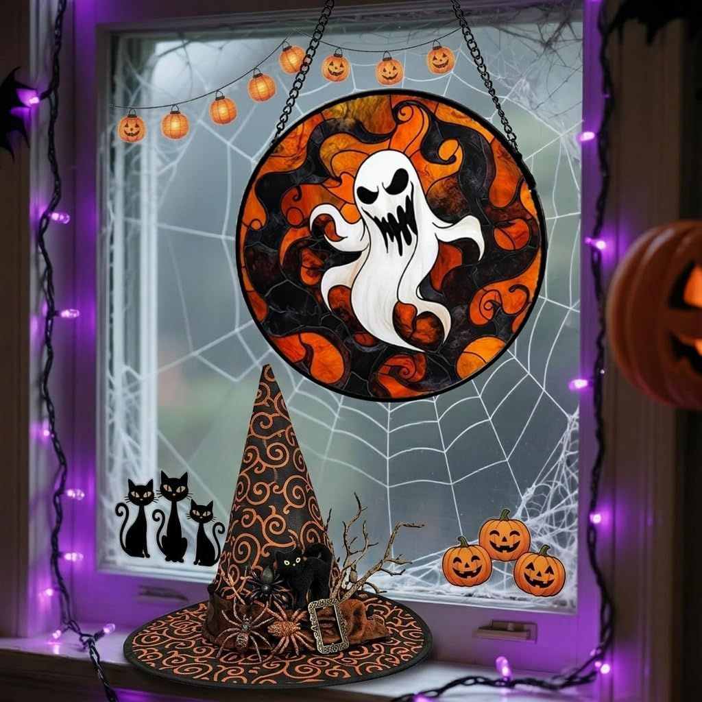 Stained Glass Window Hanging-Halloween Decorations Pumpkin Suncatcher, Fordoorsgar Denindoor Spooky Funny Sun Catchers Gothic Decor Horror Womenmen Friend - B - Size 20cm*20cm