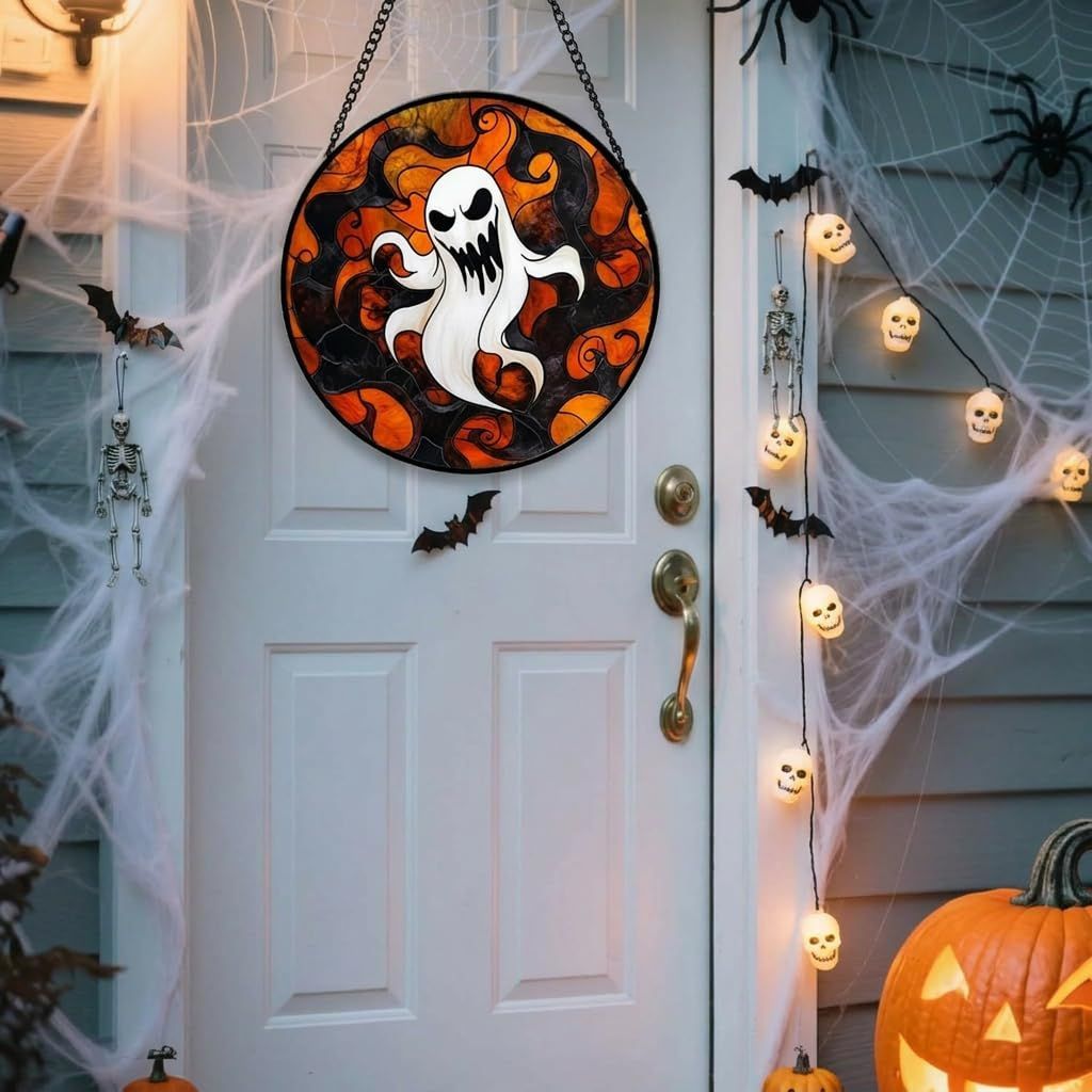 Stained Glass Window Hanging-Halloween Decorations Pumpkin Suncatcher, Fordoorsgar Denindoor Spooky Funny Sun Catchers Gothic Decor Horror Womenmen Friend - D - Size 15cm*15cm