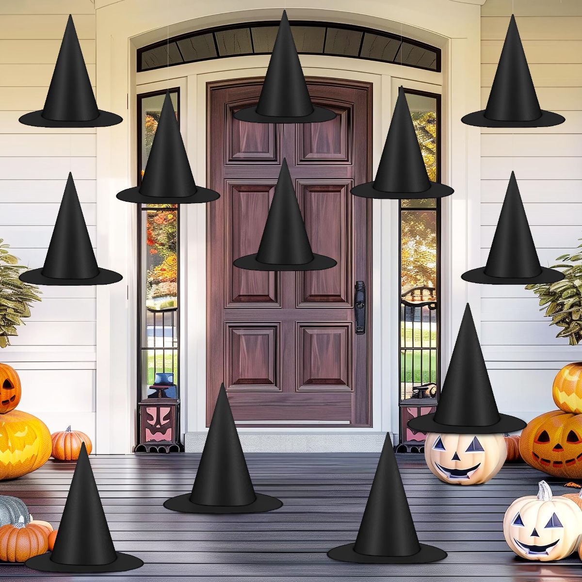12 PCS Halloween Witch Hats, Black Hanging Witch Hats Porch Yard Decor | Witch Costume Accessories Witches Hat with 328 FT Nylon Cord Wizard Hats Indoor Outdoor Halloween Decorations - Black - Size 12Pcs