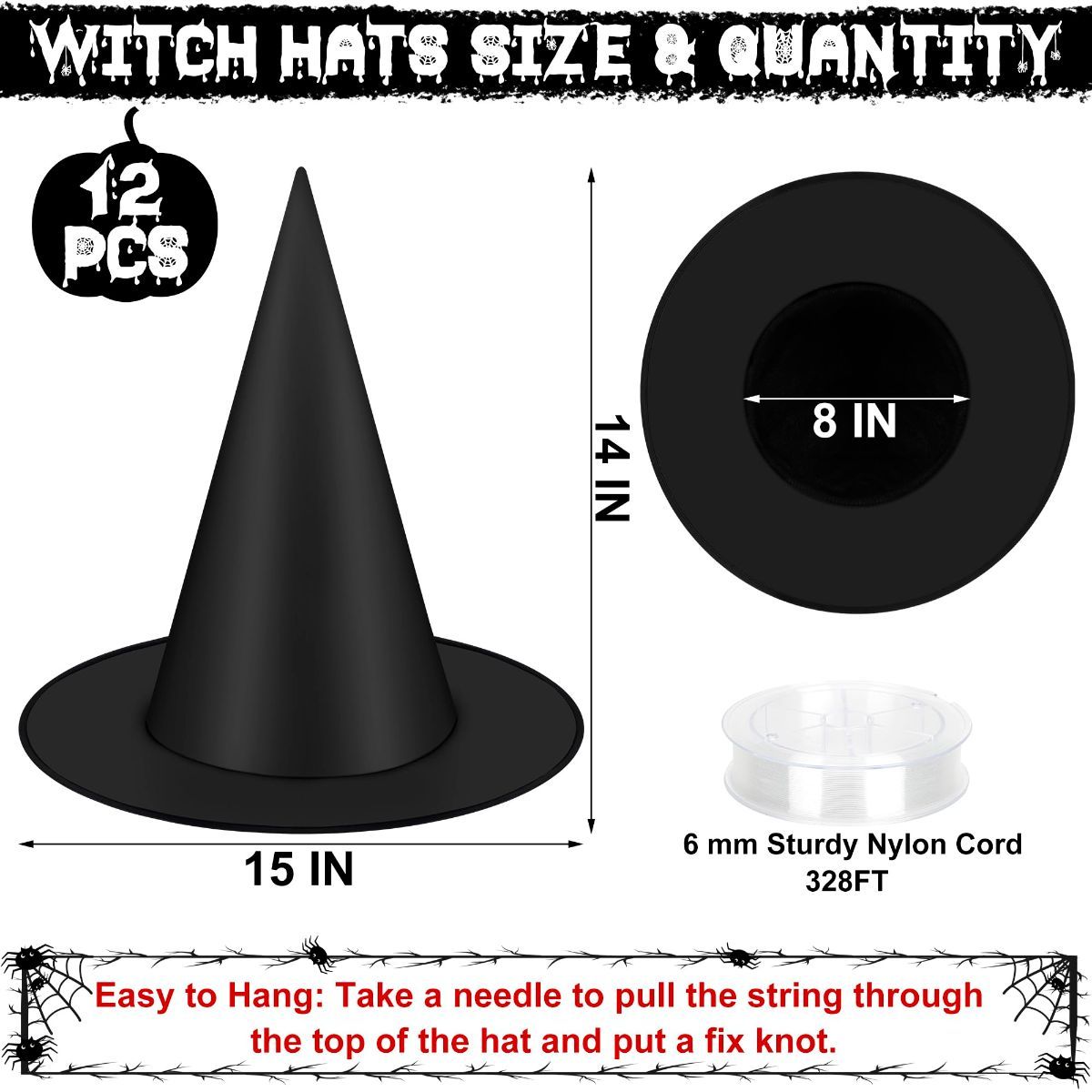 12 PCS Halloween Witch Hats, Black Hanging Witch Hats Porch Yard Decor | Witch Costume Accessories Witches Hat with 328 FT Nylon Cord Wizard Hats Indoor Outdoor Halloween Decorations - Black - Size 12Pcs
