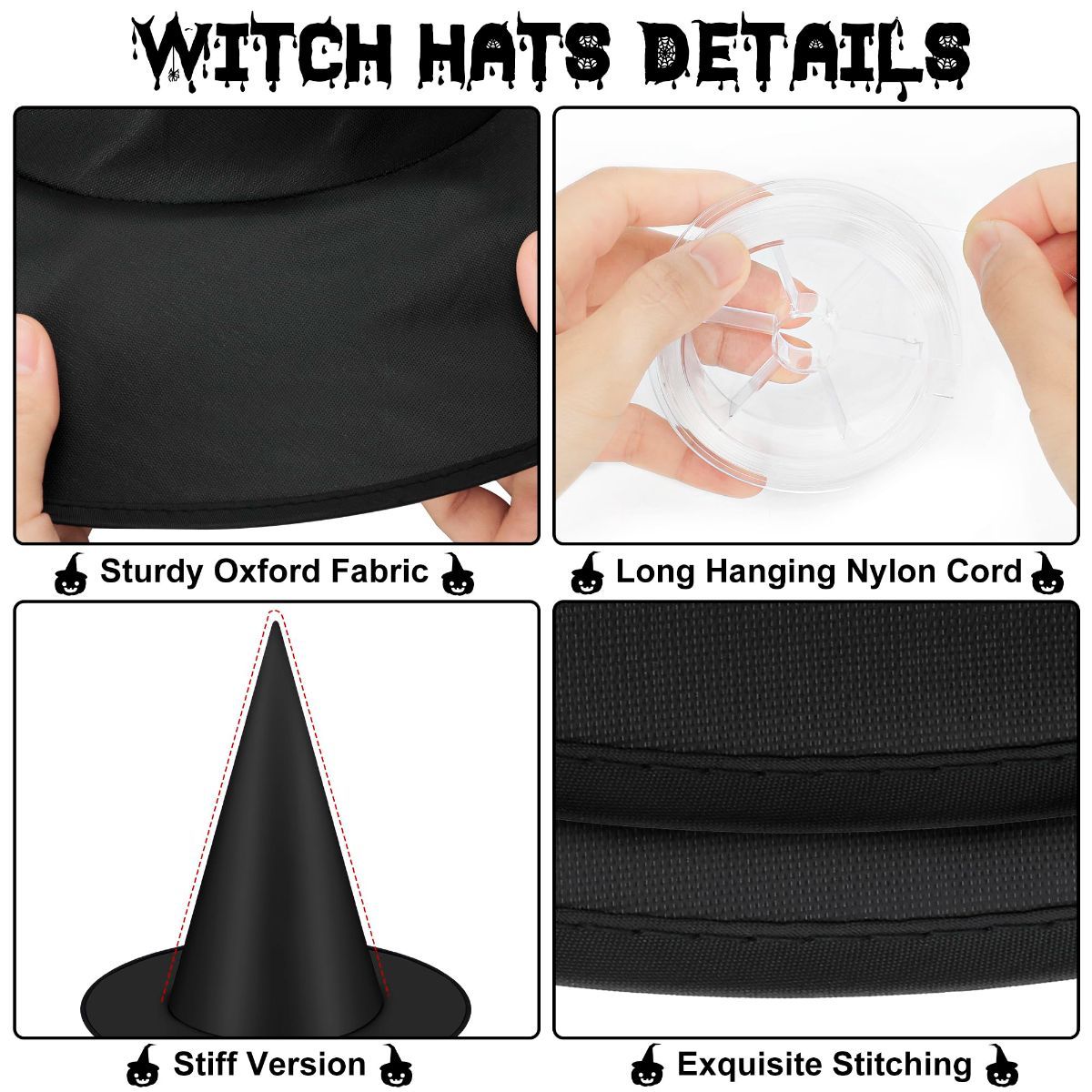 12 PCS Halloween Witch Hats, Black Hanging Witch Hats Porch Yard Decor | Witch Costume Accessories Witches Hat with 328 FT Nylon Cord Wizard Hats Indoor Outdoor Halloween Decorations - Black - Size 12Pcs