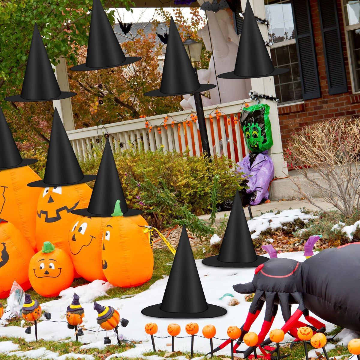 12 PCS Halloween Witch Hats, Black Hanging Witch Hats Porch Yard Decor | Witch Costume Accessories Witches Hat with 328 FT Nylon Cord Wizard Hats Indoor Outdoor Halloween Decorations - Black - Size 12Pcs