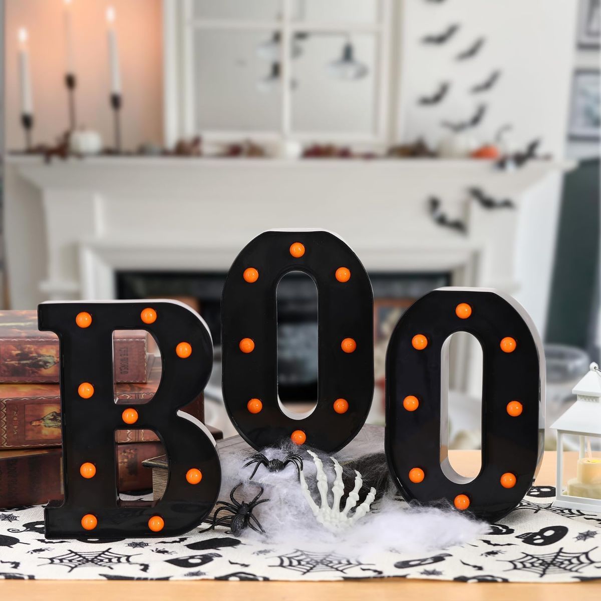 Halloween Decorations-3 Marquee Light up Letters "BOO" Decorative Sign | Halloween Decor for Kitchen Tabletop Fireplace Mantel Party Indoor - Black - Size 8.5in