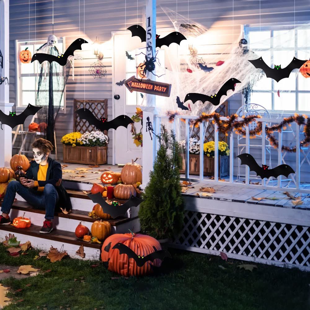 Halloween Hanging Bats for 18PCS 3D Halloween Yard Outdoor Decoration | 3 Styles Realistic Scary Large Fake Black Hanging Flying Bat Spooky for Halloween Indoor Sign Lawn Decorations