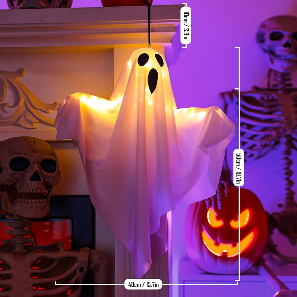 2 Pack LED Hanging Ghost Decorations, Light-Up Outdoor Halloween Garden Ornaments for Porch, Trees and Party Decor, White