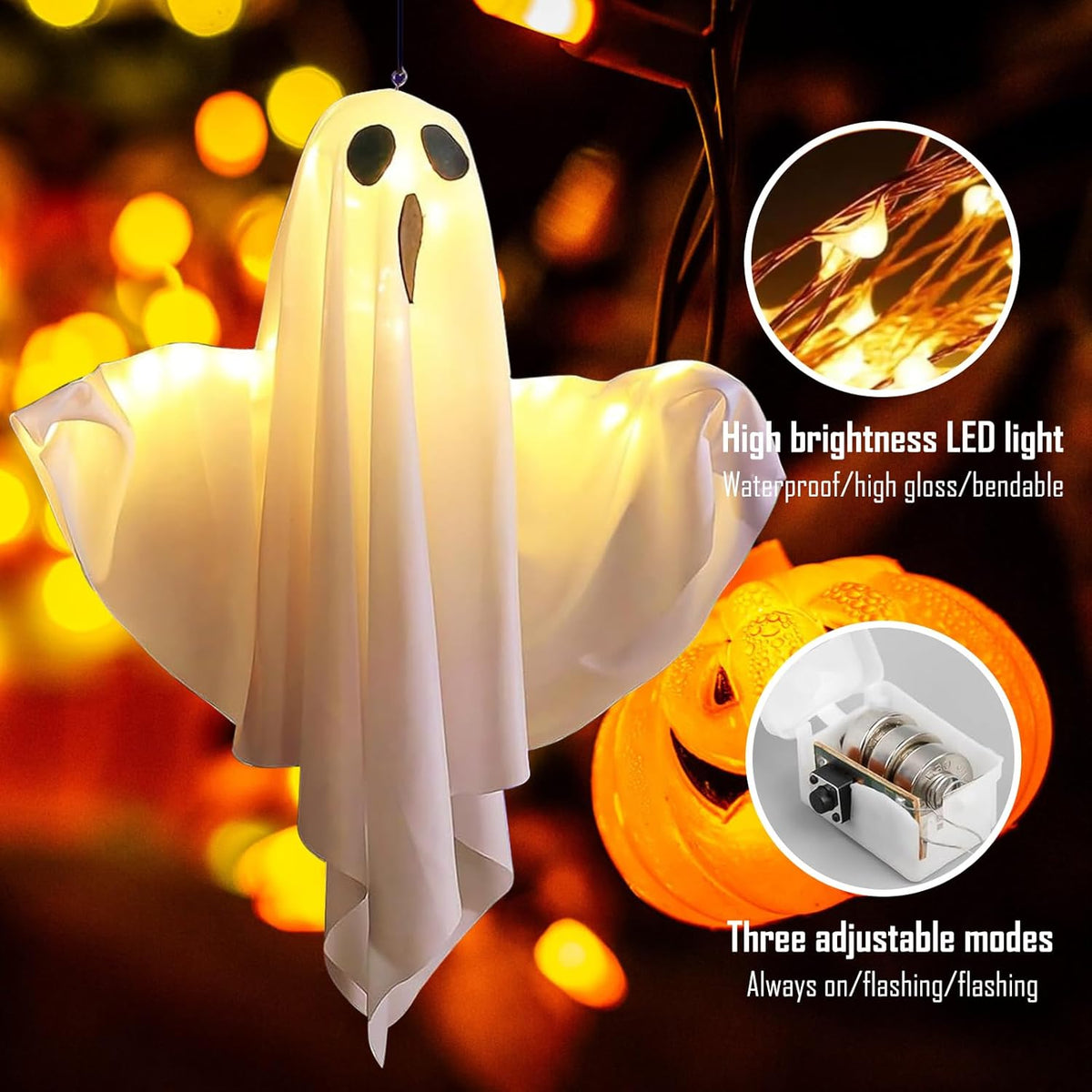 2 Pack LED Hanging Ghost Decorations, Light-Up Outdoor Halloween Garden Ornaments for Porch, Trees and Party Decor, White