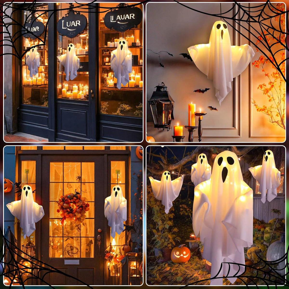 2 Pack LED Hanging Ghost Decorations, Light-Up Outdoor Halloween Garden Ornaments for Porch, Trees and Party Decor, White