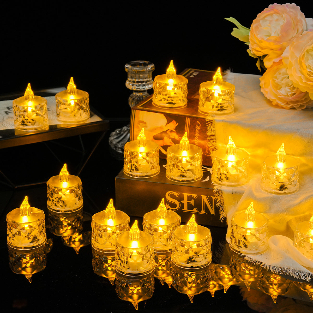 LED Flameless Tea Light Candles with Clear Crystal Design for Wedding, Birthday, Proposal and Table Decoration, Warm White
