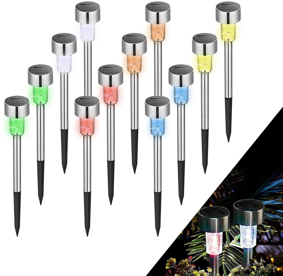10 Pieces Solar LED Garden Lights, Stainless Steel Outdoor Path Lights for Lawn, Garden Paths and Party Decoration, Multicolor