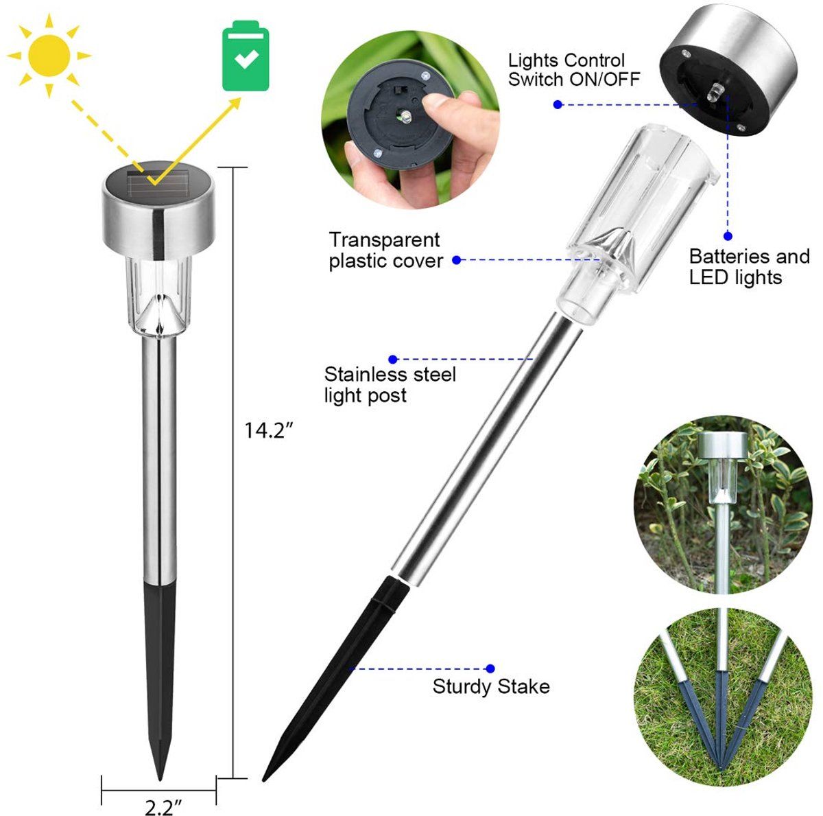 10 Pieces Solar LED Garden Lights, Stainless Steel Outdoor Path Lights for Lawn, Garden Paths and Party Decoration, Multicolor