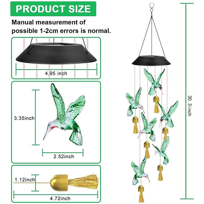 Solar Wind Chimes Outdoor Color Changing Lights, Gift for Women Mom Grandma Sister Best Gifts, Wind Chimes Unique Outdoor Garden Yard Decor (Green Hummingbird Bell)