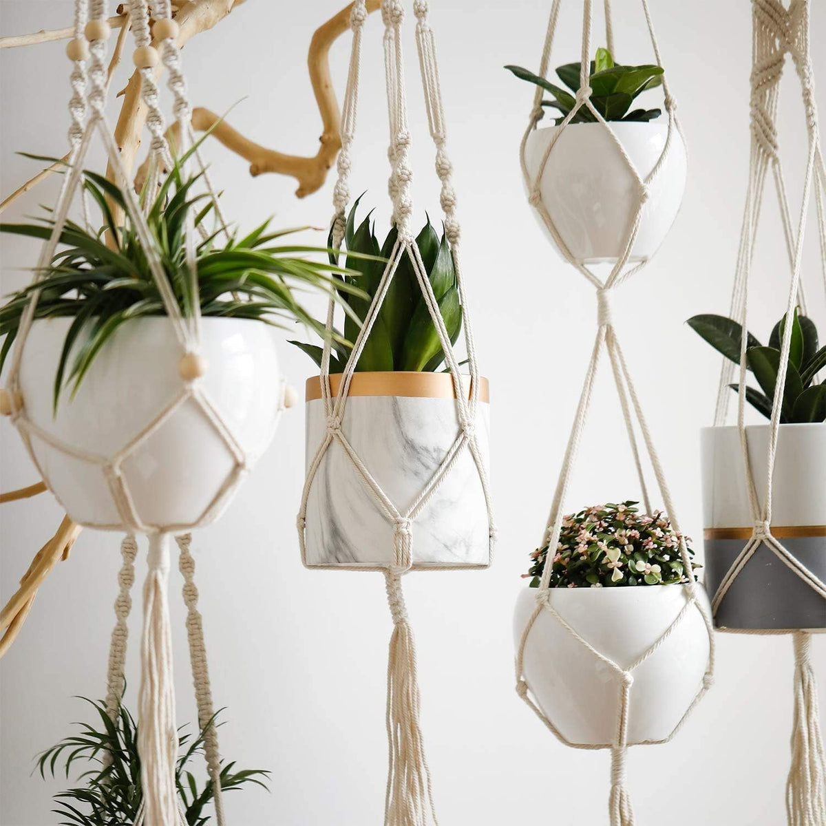 Macrame Plant Hangers 2 Pack, Handmade Natural Cotton Rope Hanging Planters for Indoor Plants, Odorless Not-Rotten Durable for Hanging Planter Indoor Outdoor Garden Patio Balcony Ceiling Decorations