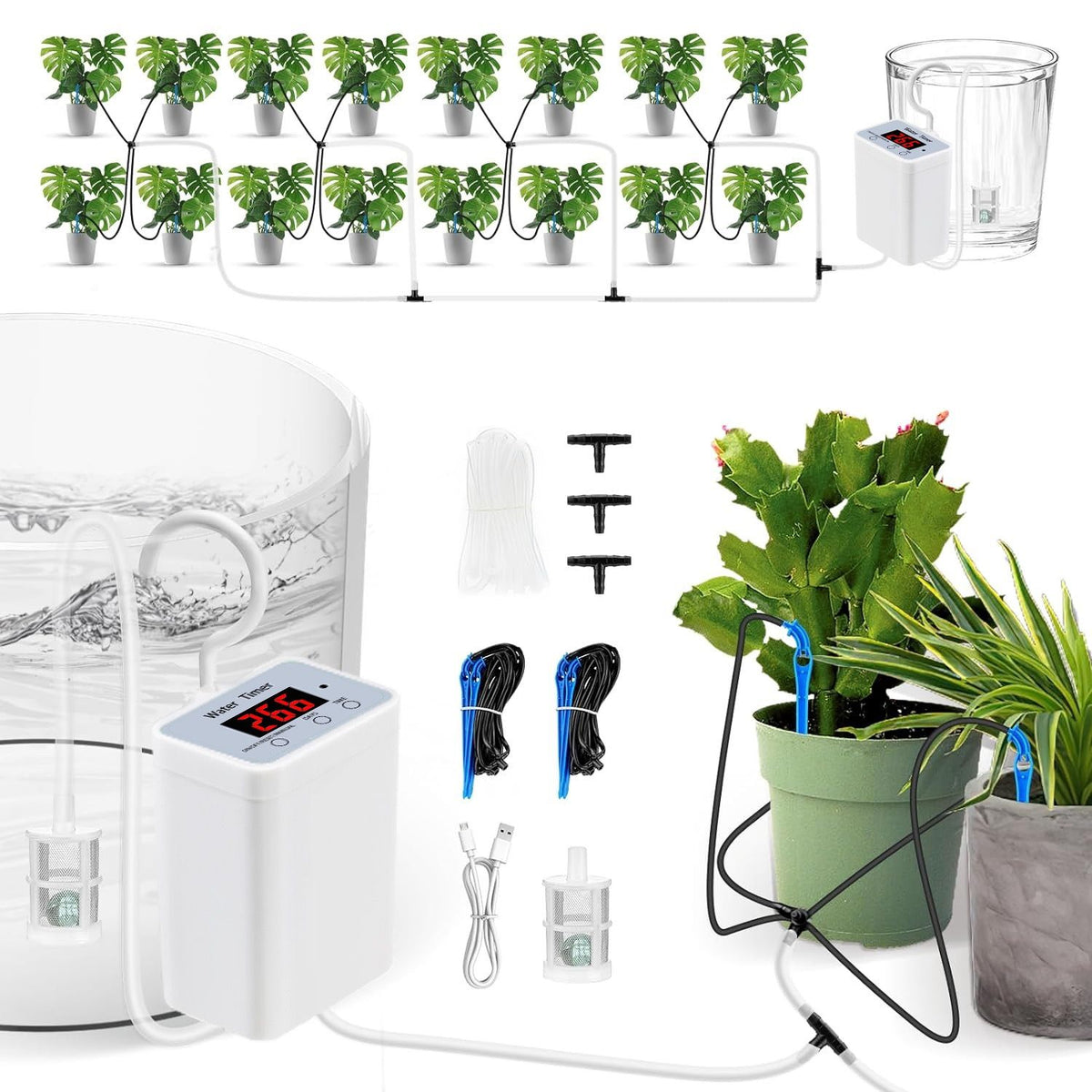 Smart Automatic Plant Watering Drip Irrigation System with Timer, Rechargeable Battery, Dual Spray & Drip Modes, Ideal for Indoor Potted Plants, Balcony Gardens, and Vacation Care (Water For 2 Plants)