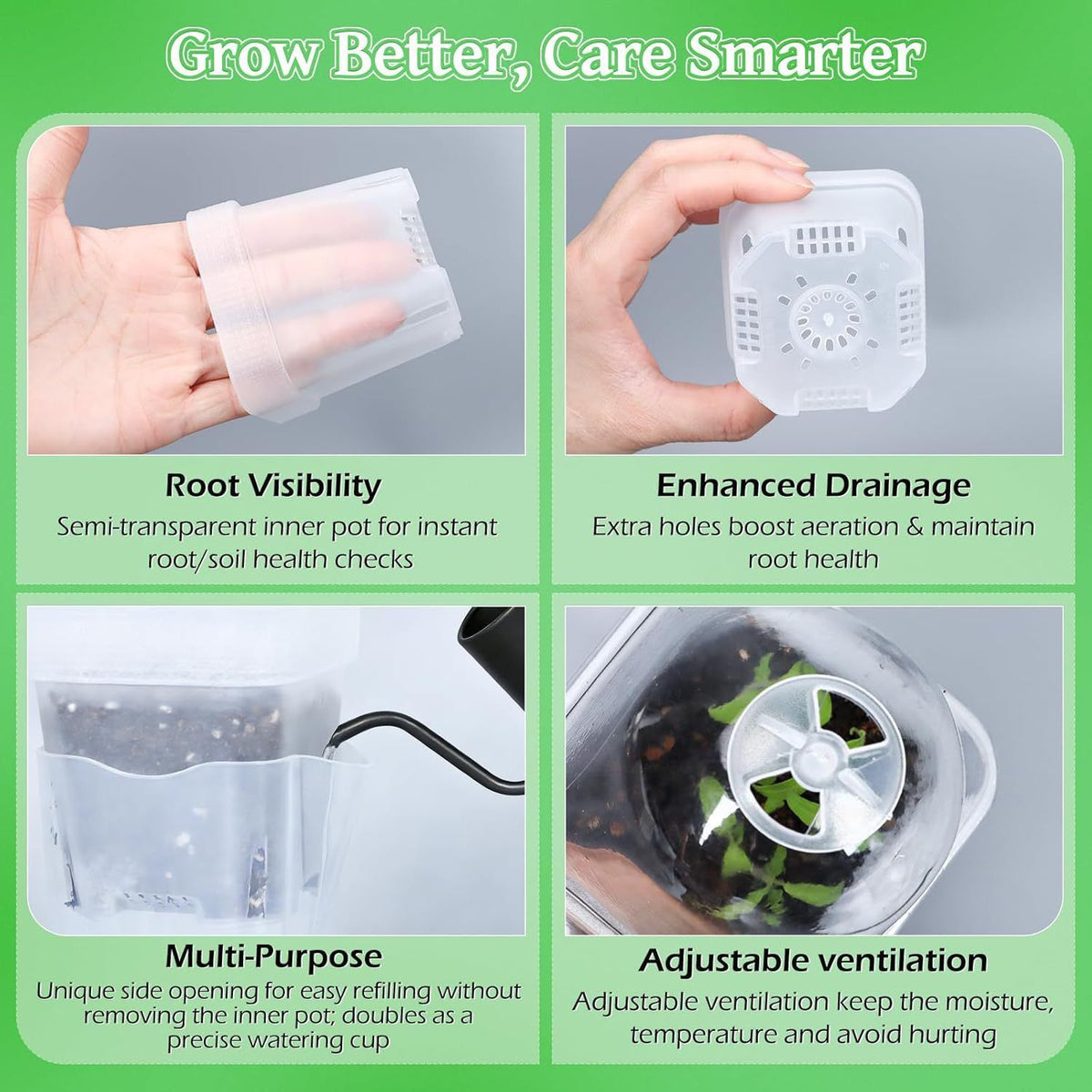 Self-Watering Propagation Station with Adjustable Ventilation Dome, Clear Square Plant Nursery Pot for Starting Seeds, Cuttings, and Succulents Indoors on Windowsills and Desktops (4PCS)