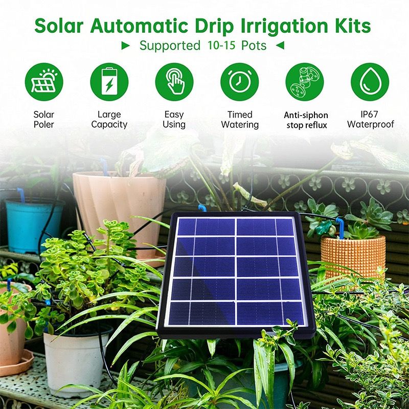 Solar-Powered Automatic Drip Irrigation Kit with 180° Adjustable Stake, 15m Watering Hose for Up to 15 Potted Plants—Ideal for Balcony, Patio, Greenhouse, and Outdoor Garden Auto-Watering While You're Away. (Black)
