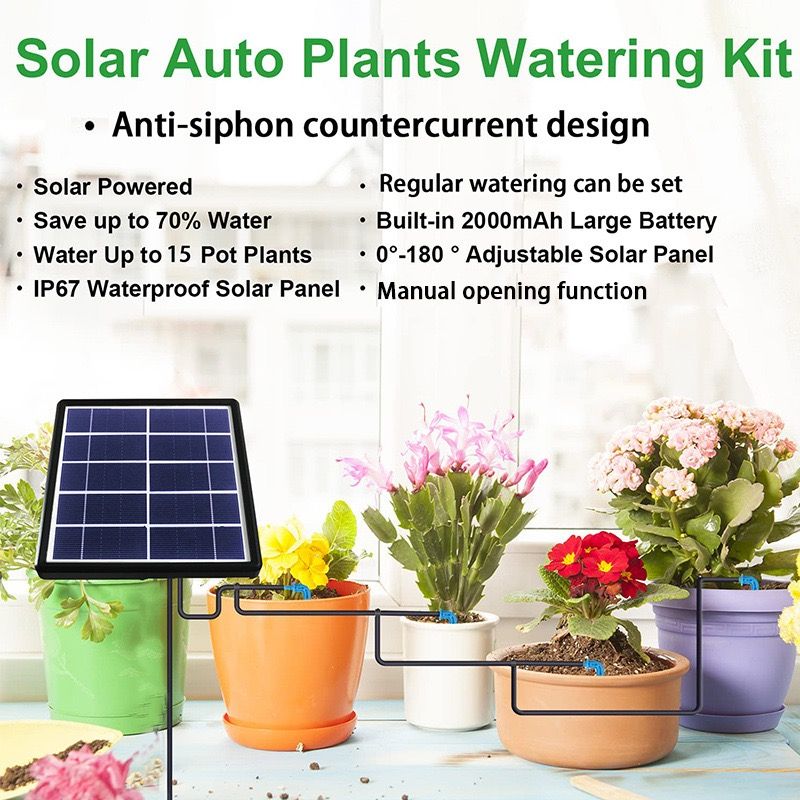 Solar-Powered Automatic Drip Irrigation Kit with 180° Adjustable Stake, 15m Watering Hose for Up to 15 Potted Plants—Ideal for Balcony, Patio, Greenhouse, and Outdoor Garden Auto-Watering While You're Away. (Black)