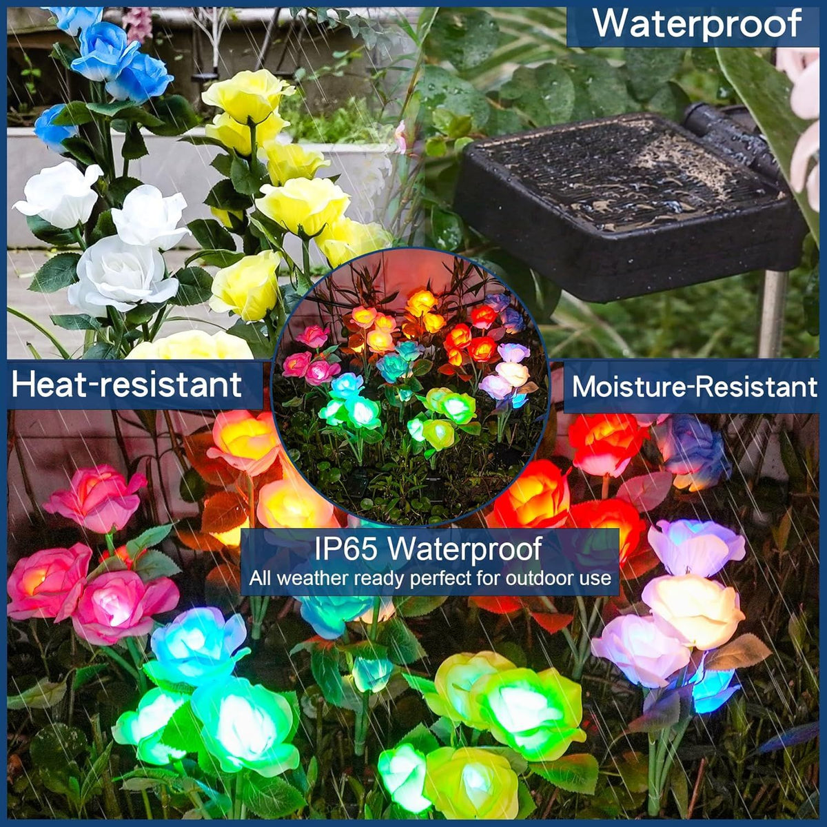 Solar Garden Lights - Upgraded Outdoor Light, 7 Color Changing Rose Lights for Yard,Garden Decoration, Enlarged Solar Panel, More Realistic Rose Flower (4 Packs)