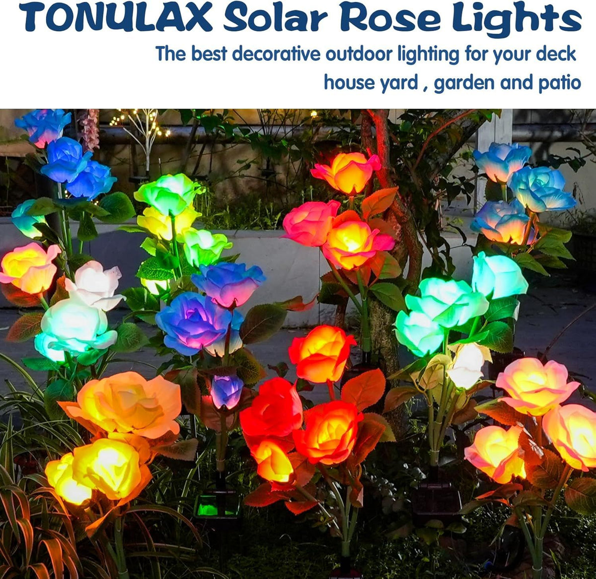 Solar Garden Lights - Upgraded Outdoor Light, 7 Color Changing Rose Lights for Yard,Garden Decoration, Enlarged Solar Panel, More Realistic Rose Flower (4 Packs)
