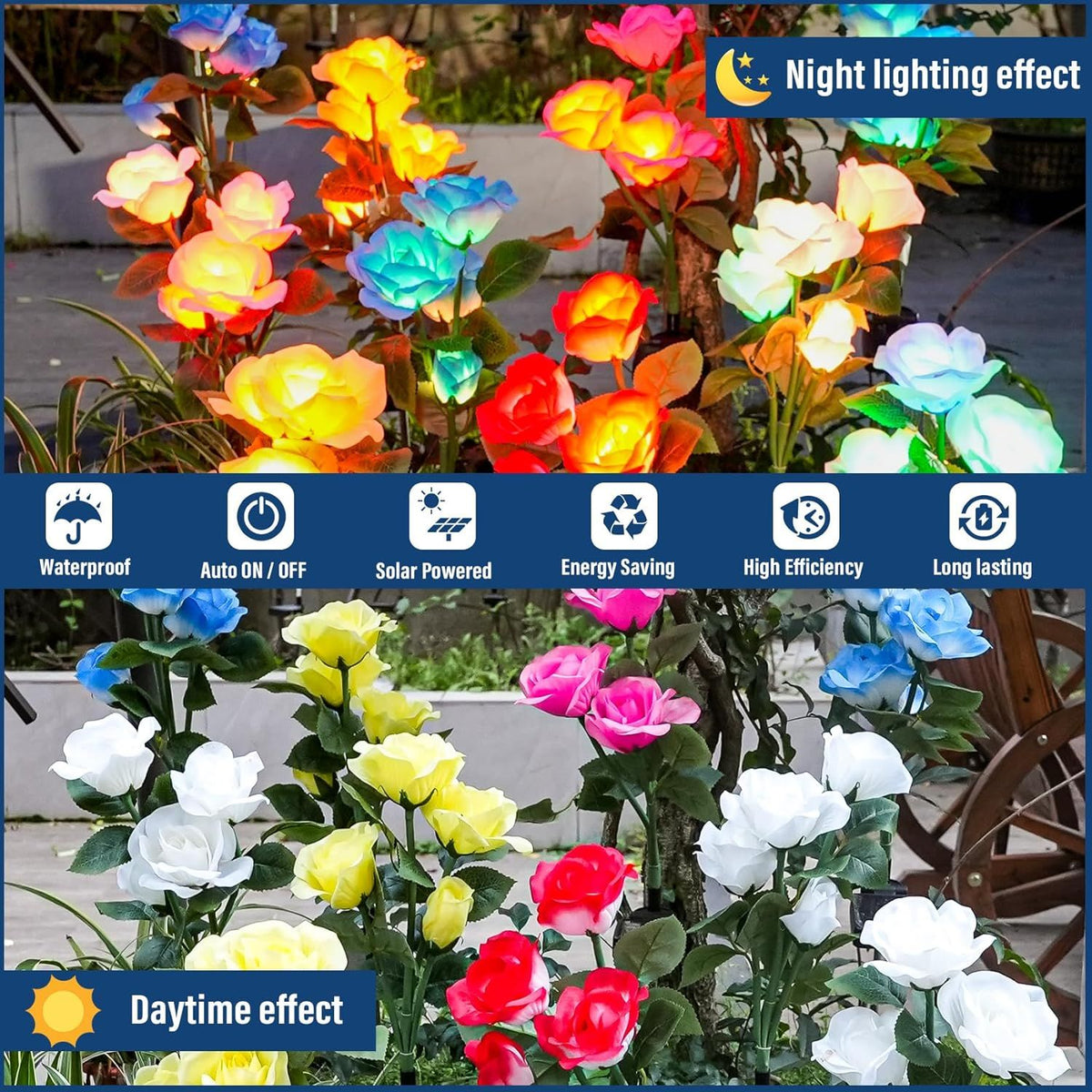 Solar Garden Lights - Upgraded Outdoor Light, 7 Color Changing Rose Lights for Yard,Garden Decoration, Enlarged Solar Panel, More Realistic Rose Flower (4 Packs)