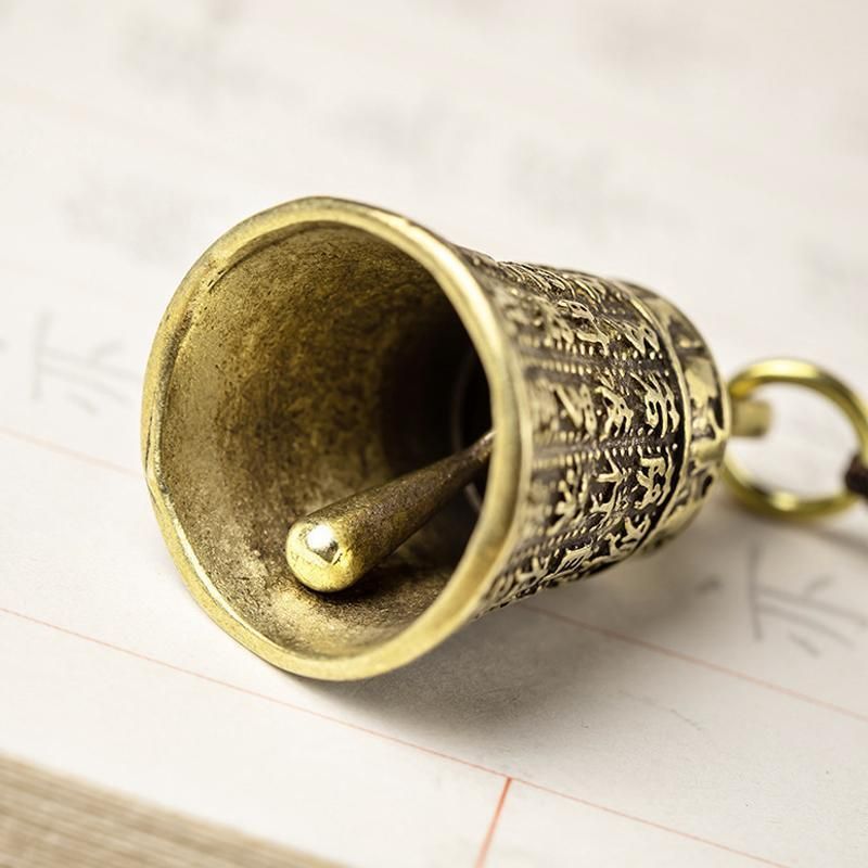 Pure Brass Bell Car KeyChain Engraved Chinese Buddhist Sutra Handmade Woven Rope