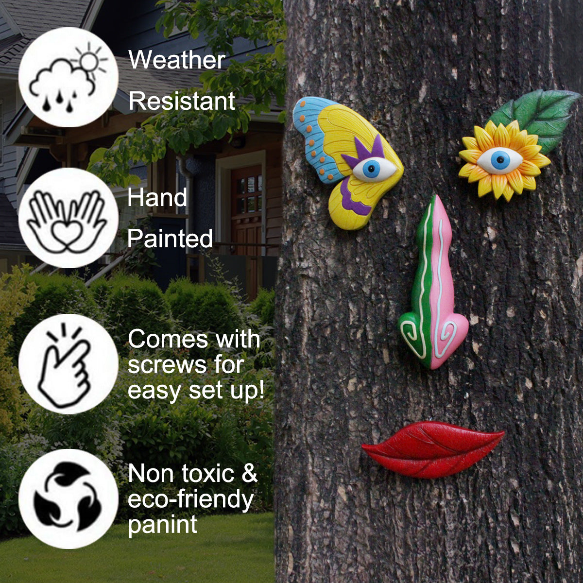 Colorful Vibrant Resin Tree Face Art - 4 Piece Whimsical Outdoor Garden & Wall Decor Set