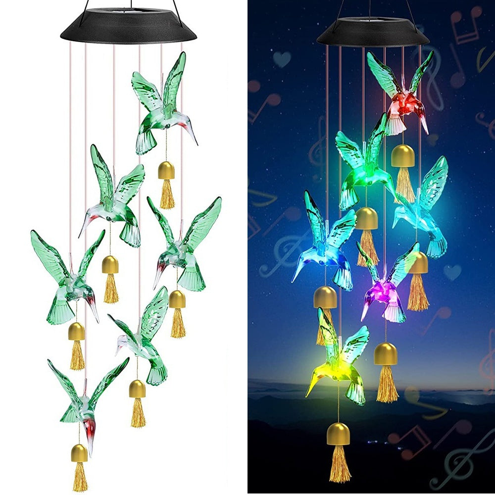 Green Solar Powered Hummingbird Wind Chime(With bell) - Color-Changing LED Hanging Garden Light Outdoor Decor