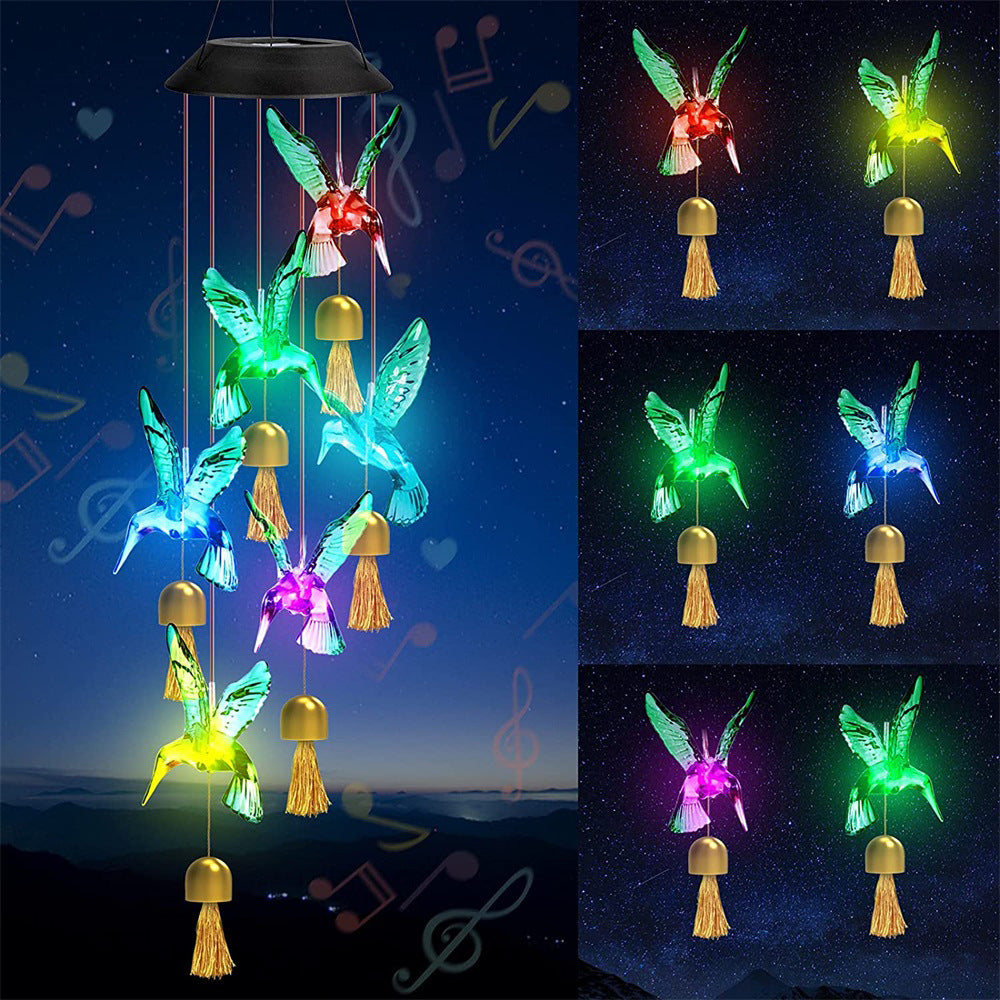 Green Solar Powered Hummingbird Wind Chime(With bell) - Color-Changing LED Hanging Garden Light Outdoor Decor