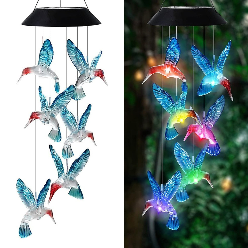 Blue Solar Powered Hummingbird Wind Chime(Without bell) - Color-Changing LED Hanging Garden Light Outdoor Decor