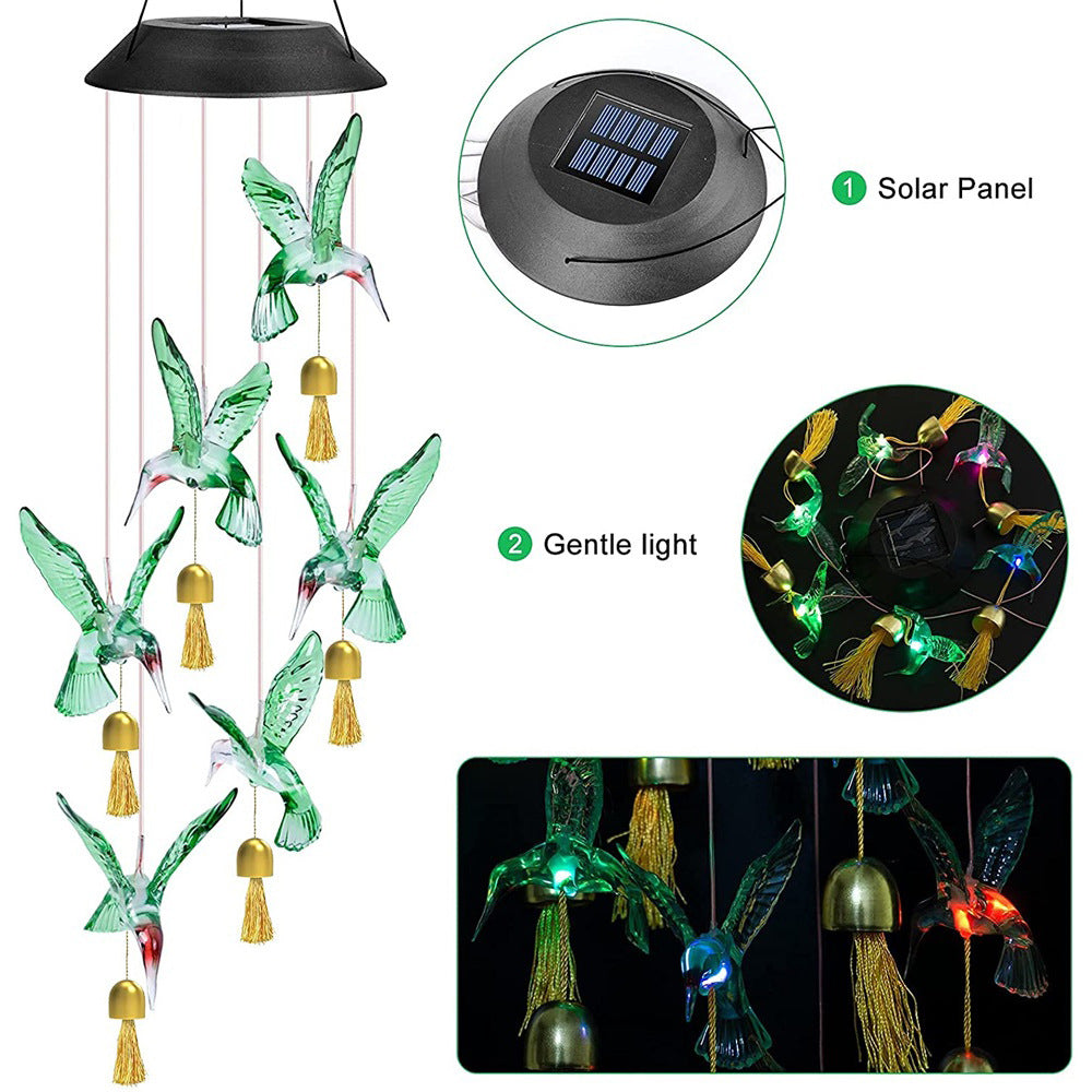 Transparent Solar Powered Hummingbird Wind Chime(Without bell) - Color-Changing LED Hanging Garden Light Outdoor Decor