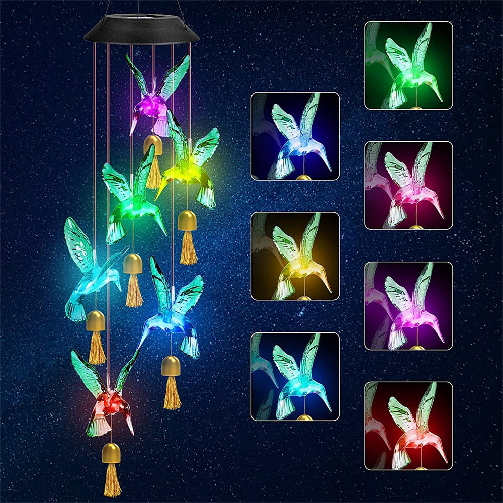 Transparent Solar Powered Hummingbird Wind Chime(Without bell) - Color-Changing LED Hanging Garden Light Outdoor Decor