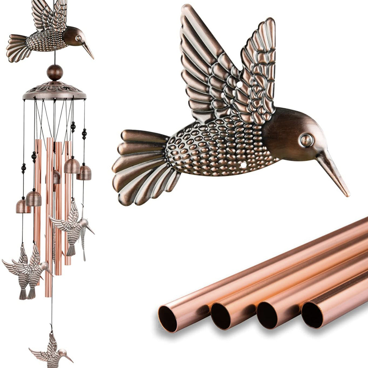 90cm Large Creative Hummingbirds Vintage Metal Tube Wind Chimes - Handcrafted Musical Hanging Decor for Garden and Home with Hanging Hook