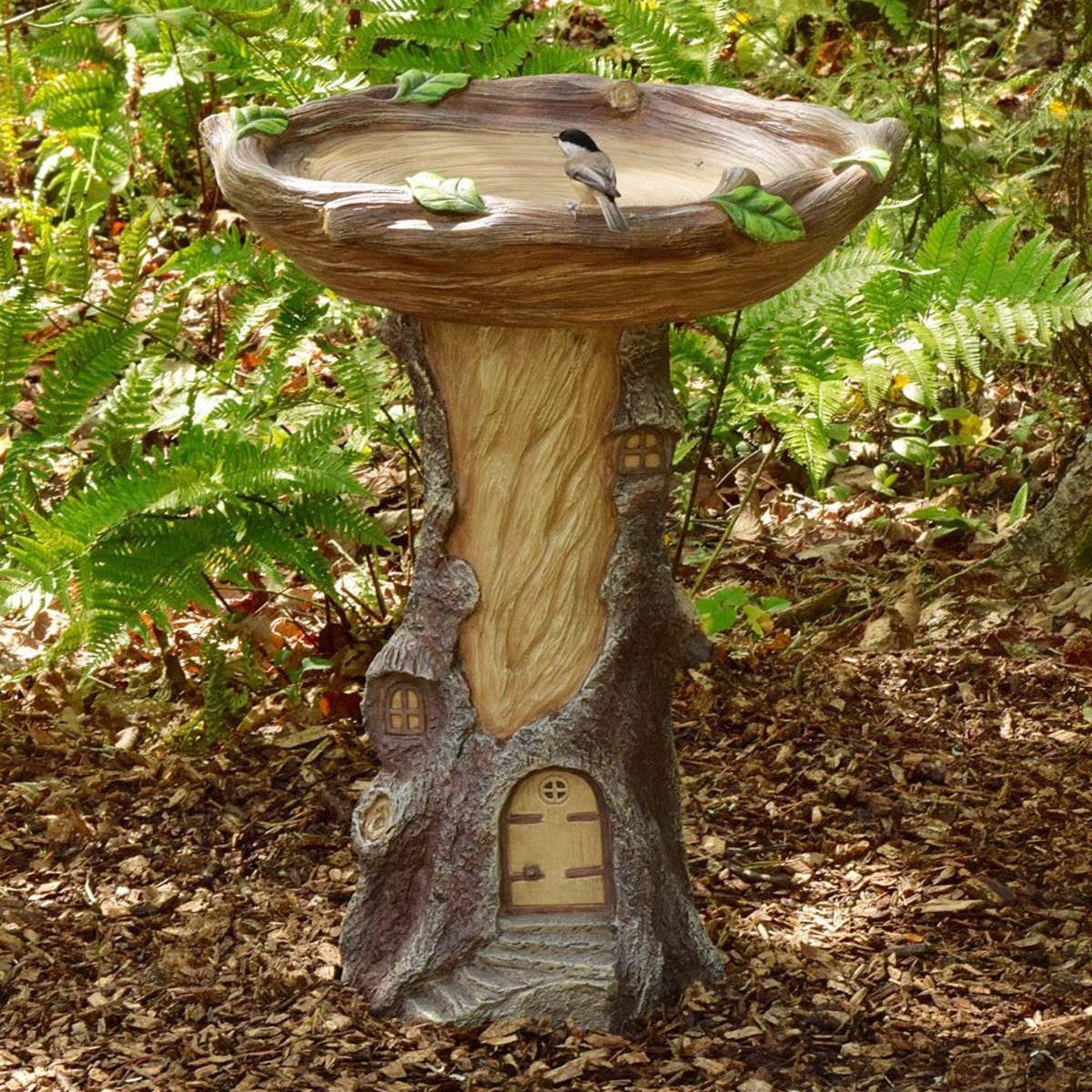 Whimsical Tree Stump Bird Bath – Resin Garden Decor with Fairy House Design for Outdoor & Patio