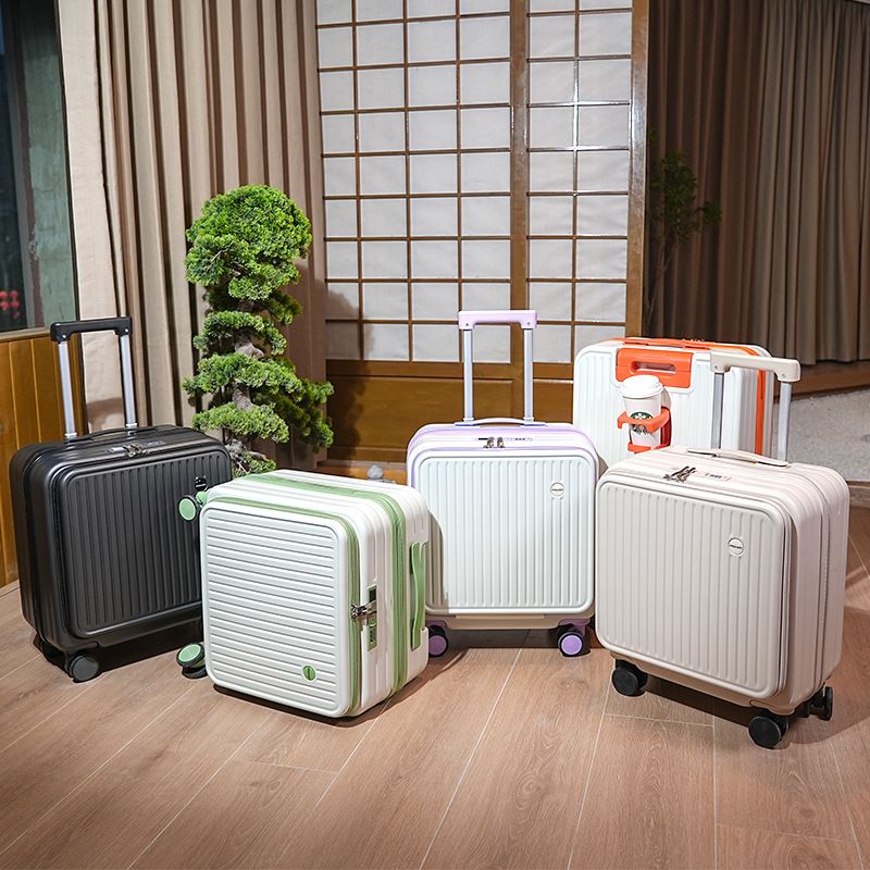 Purple and white Front Opening Carry On Luggage 18 Inch - Lightweight Hard Shell Suitcase with Spinner Wheels, Shockproof Laptop Compartment, USB Charging Port - Ideal for Business Trips and Short Travels