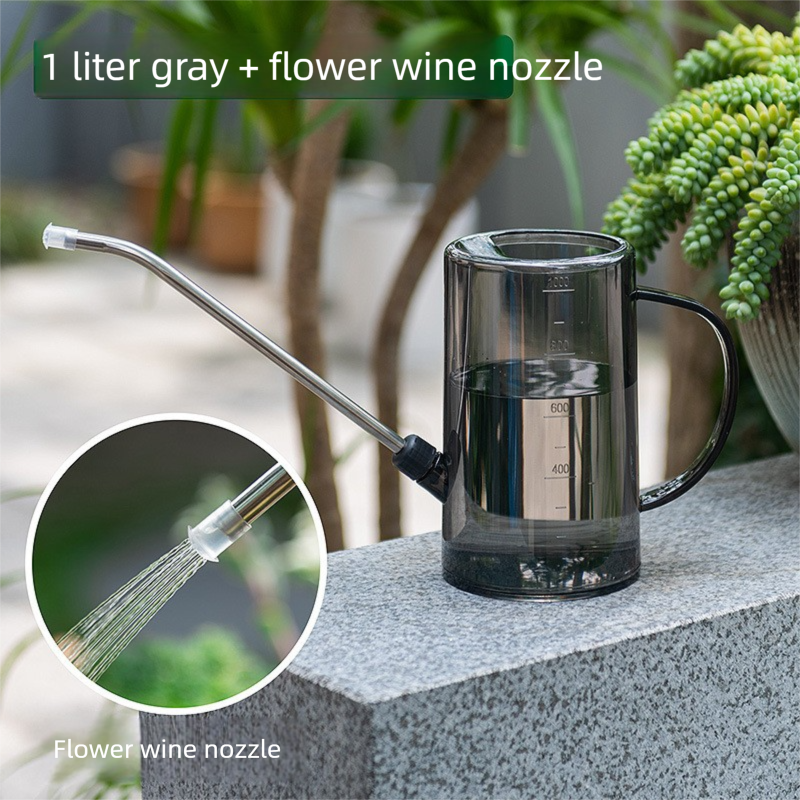 1L Gray Long Spout Watering Can with Shower Head - Clear Plastic Indoor Plant Waterer for Succulents, Balcony Garden, Precise Watering Tool