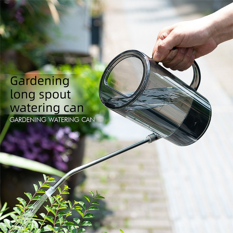 1L Gray Long Spout Watering Can with Shower Head - Clear Plastic Indoor Plant Waterer for Succulents, Balcony Garden, Precise Watering Tool